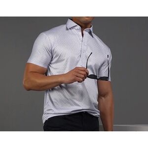 Collars & Co Mens Dress Collar Polo Medium White Navy Geometric Relaxed NEW